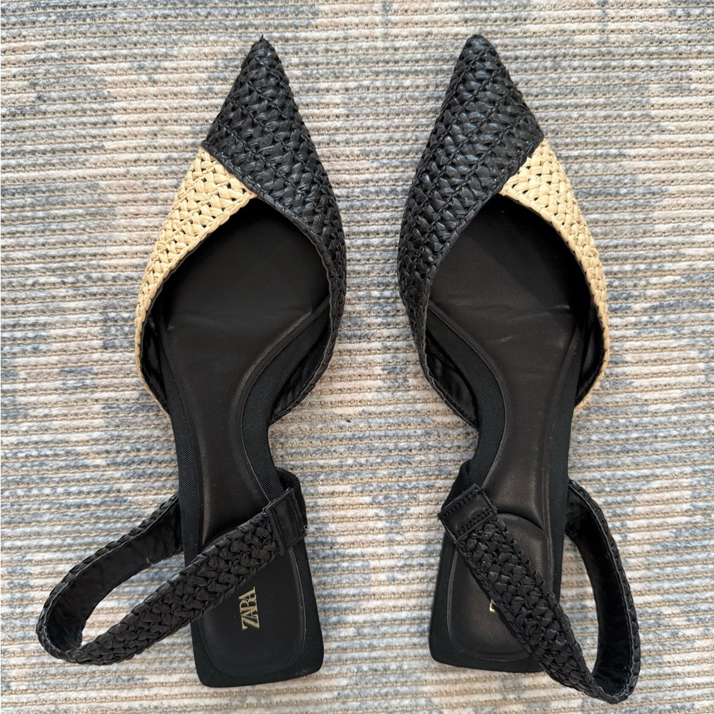 Zara Black and Tan Woven Women's Pointed Toe Flats
